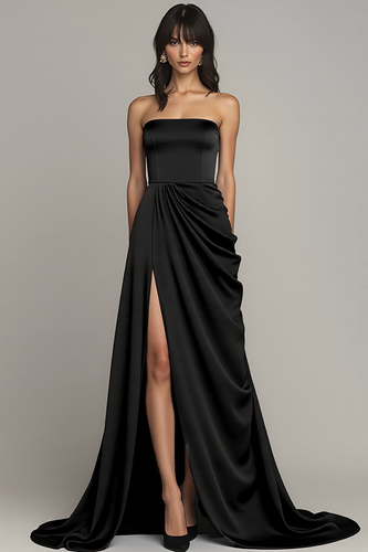 Black Strapless Satin A Line Long Formal Dress with Slit