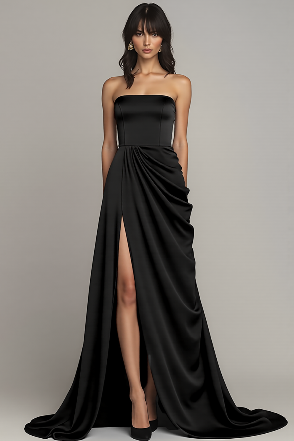 Black Strapless Satin A Line Long Formal Dress with Slit