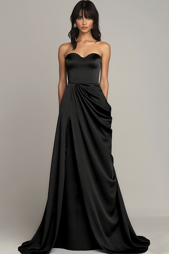 Peacock Satin A Line Strapless Long Formal Dress with Slit
