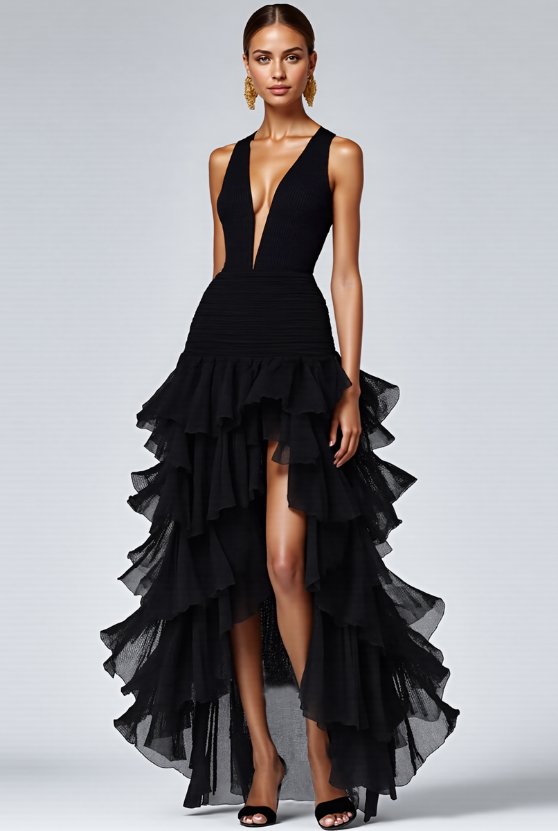 Load image into Gallery viewer, Royal Blue A Line V-Neck Ruffled Long Formal Dress with Slit