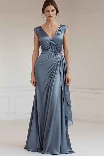 Grey Blue V-Neck Sheath Long Satin Formal Dress