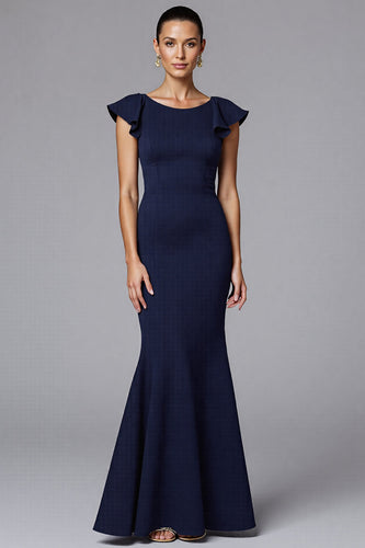 Elegant Navy Mermaid Boat Neck Long Formal Dress