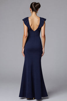 Elegant Navy Mermaid Boat Neck Long Formal Dress