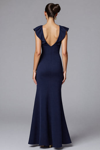 Elegant Navy Mermaid Boat Neck Long Formal Dress