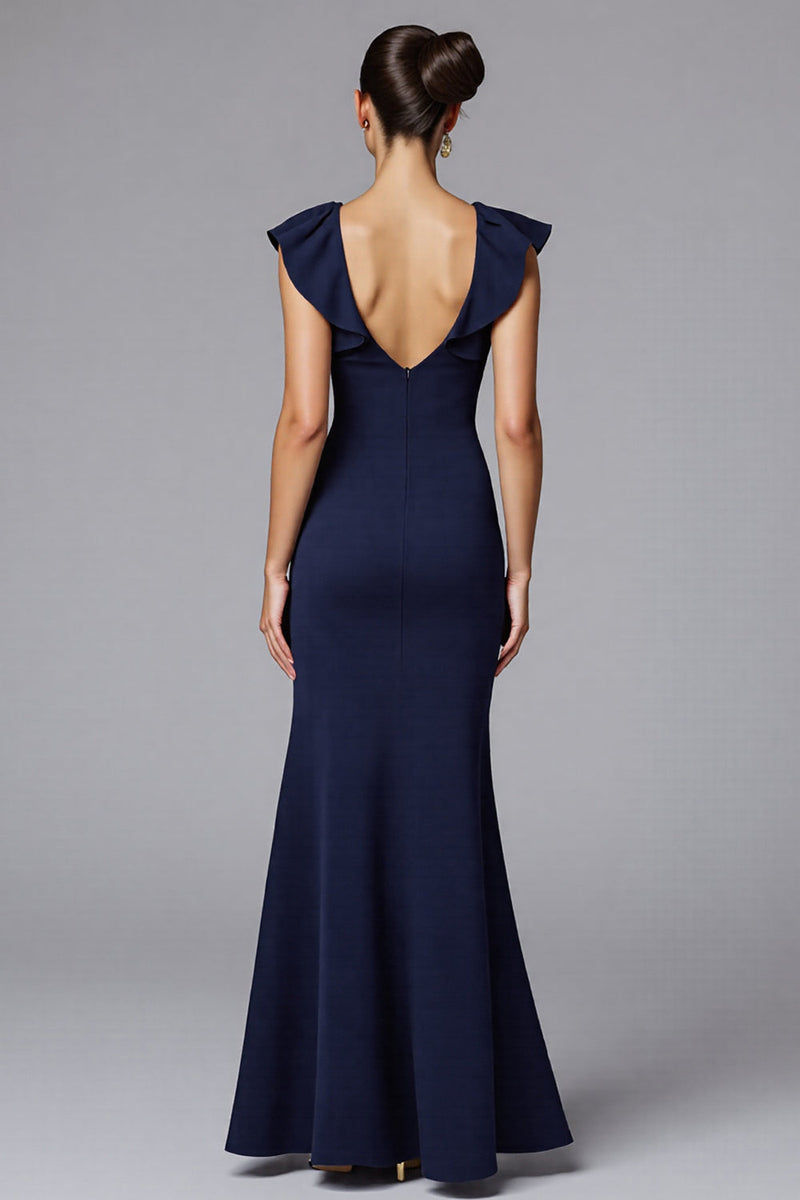 Load image into Gallery viewer, Elegant Navy Mermaid Boat Neck Long Formal Dress