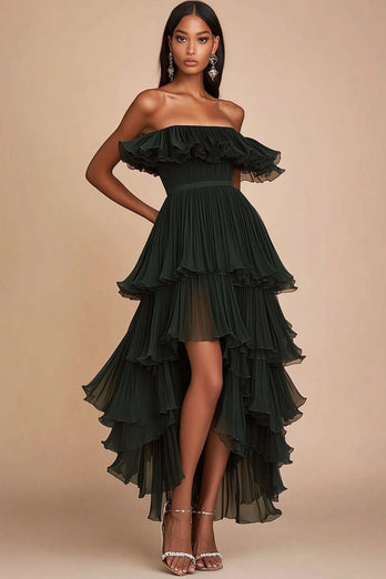 Dark Green Strapless Pleated Tiered Long Formal Dress with Ruffles