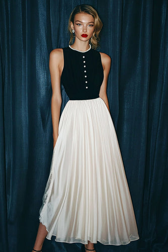 Vintage Black and White Long Round Neck A Line Formal Dress