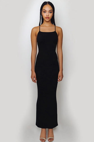 Black Spaghetti Straps Sheath Long Formal Dress