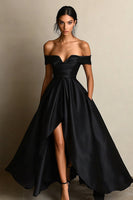 Load image into Gallery viewer, Black A Line Off the Shoulder Satin Long Formal Dress with Slit