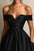 Load image into Gallery viewer, Black A Line Off the Shoulder Satin Long Formal Dress with Slit
