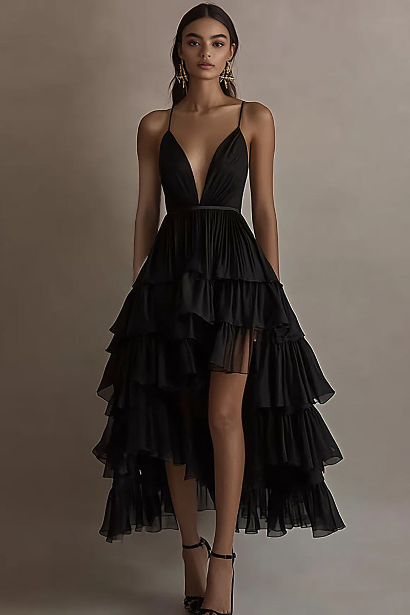 Load image into Gallery viewer, Black Spaghetti Straps A Line Ruffled High-Low Formal Dress