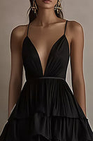 Load image into Gallery viewer, Black Spaghetti Straps A Line Ruffled High-Low Formal Dress