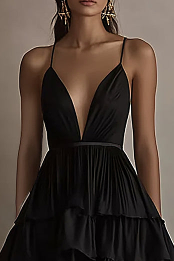 Black Spaghetti Straps A Line Ruffled High-Low Formal Dress