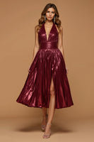 Load image into Gallery viewer, Burgundy Metallic Halter Neck Midi Formal Dress with Slit