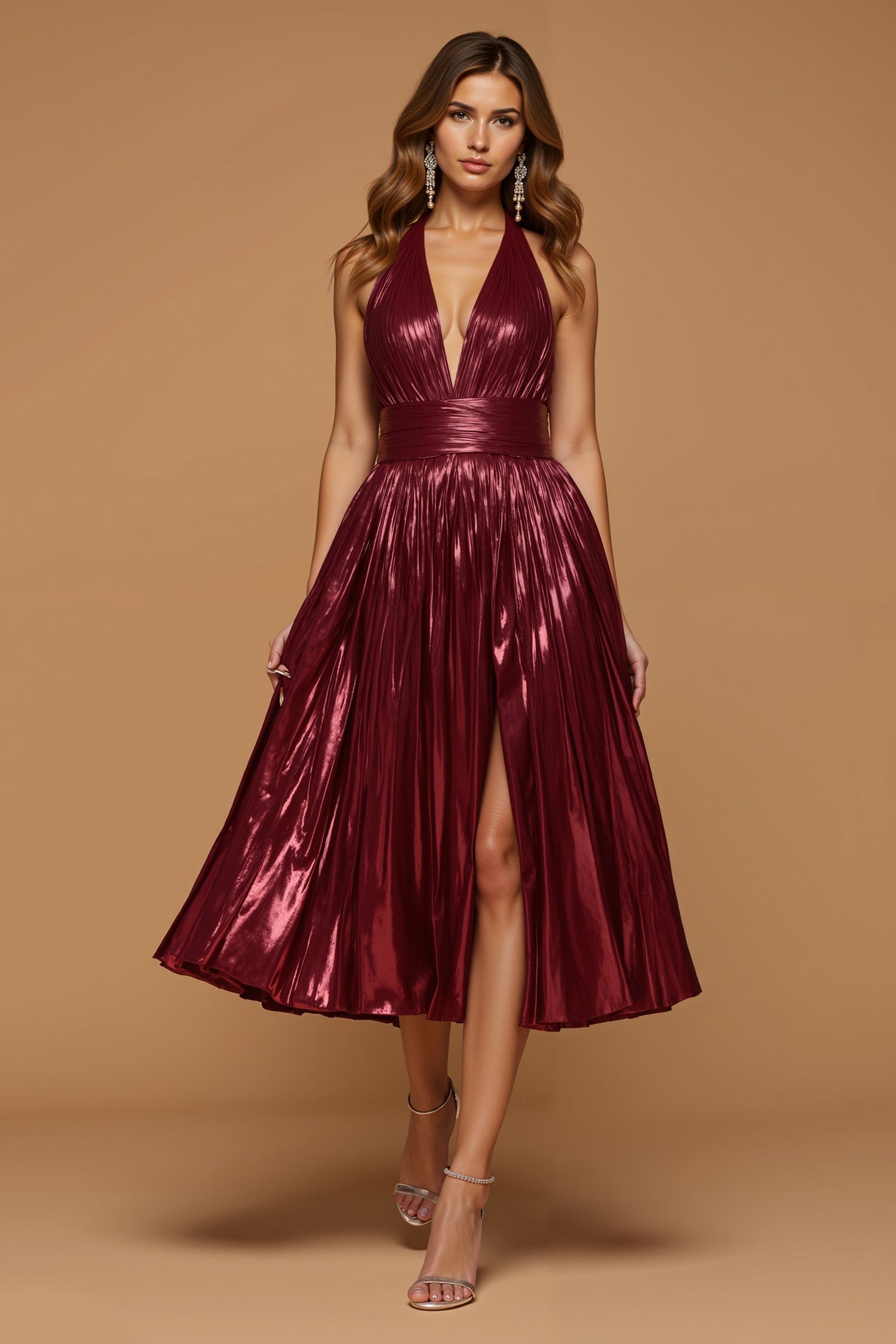 Burgundy Metallic Halter Neck Midi Formal Dress with Slit
