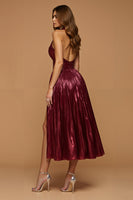 Load image into Gallery viewer, Burgundy Metallic Halter Neck Midi Formal Dress with Slit