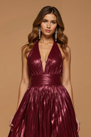 Load image into Gallery viewer, Burgundy Metallic Halter Neck Midi Formal Dress with Slit