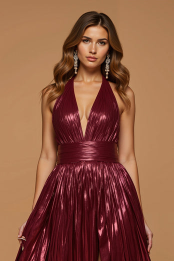 Burgundy Metallic Halter Neck Midi Formal Dress with Slit