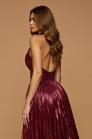 Load image into Gallery viewer, Burgundy Metallic Halter Neck Midi Formal Dress with Slit