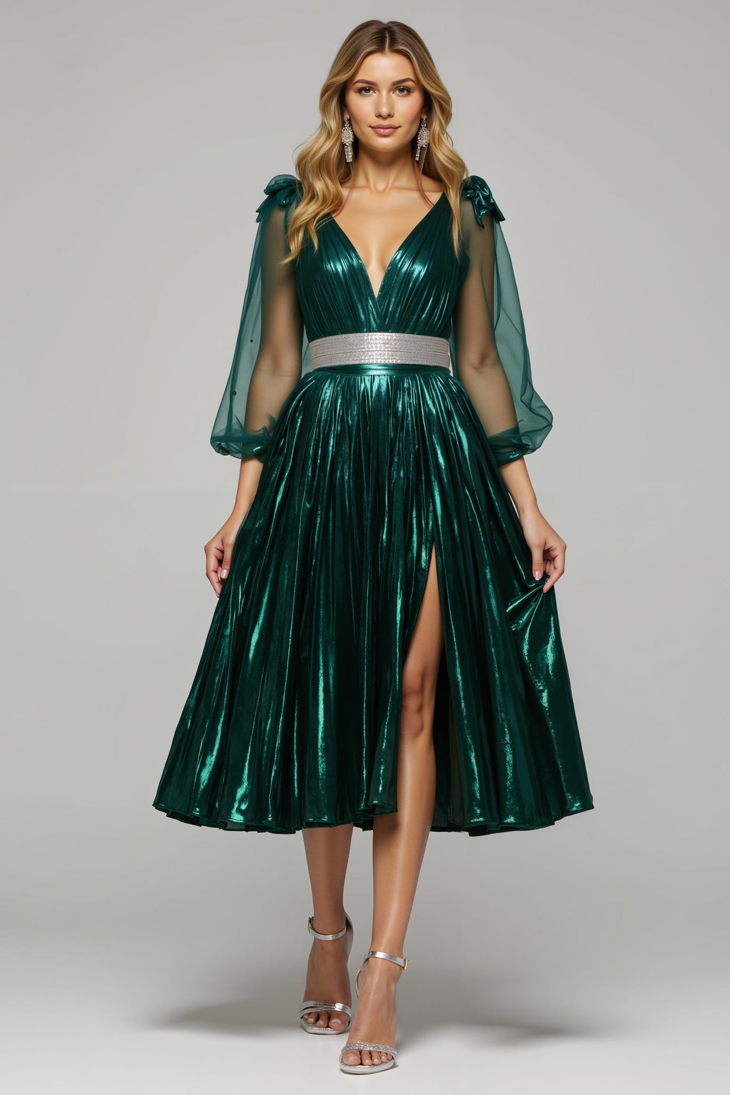 Dark Green Metallic V-Neck Midi Formal Dress with Slit