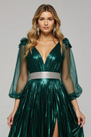 Load image into Gallery viewer, Dark Green Metallic V-Neck Midi Formal Dress with Slit