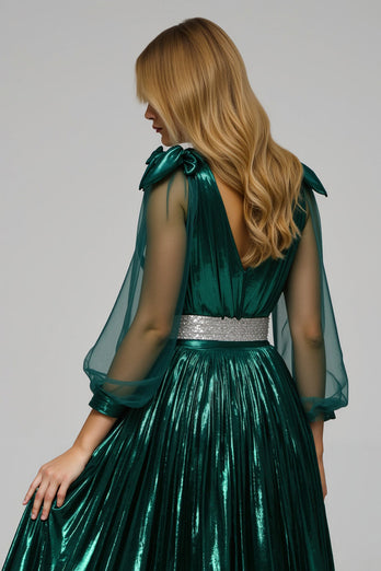 Dark Green Metallic V-Neck Midi Formal Dress with Slit