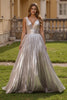 Load image into Gallery viewer, Silver Metallic Pleated V-Neck Backless A-Line Long Formal Dress