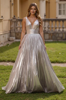 Load image into Gallery viewer, Silver Metallic Pleated V-Neck Backless A-Line Long Formal Dress