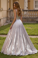 Load image into Gallery viewer, Silver Metallic Pleated V-Neck Backless A-Line Long Formal Dress