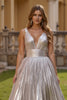 Load image into Gallery viewer, Silver Metallic Pleated V-Neck Backless A-Line Long Formal Dress
