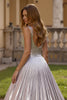 Load image into Gallery viewer, Silver Metallic Pleated V-Neck Backless A-Line Long Formal Dress