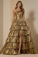 Load image into Gallery viewer, Golden Metallic One Shoulder Ruffled Long Formal Dress with Slit