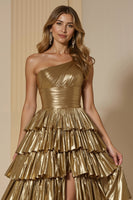 Load image into Gallery viewer, Golden Metallic One Shoulder Ruffled Long Formal Dress with Slit