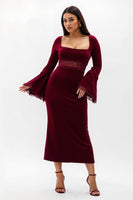 Load image into Gallery viewer, Burgundy Square Neck Flare Sleeves Tea Length Formal Dress