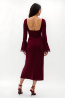 Load image into Gallery viewer, Burgundy Square Neck Flare Sleeves Tea Length Formal Dress
