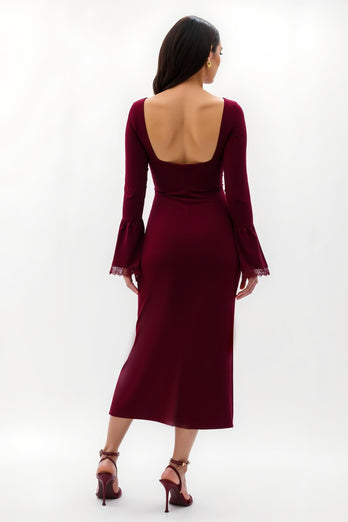 Burgundy Square Neck Flare Sleeves Tea Length Formal Dress