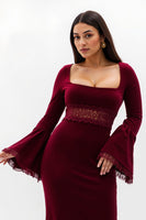 Load image into Gallery viewer, Burgundy Square Neck Flare Sleeves Tea Length Formal Dress