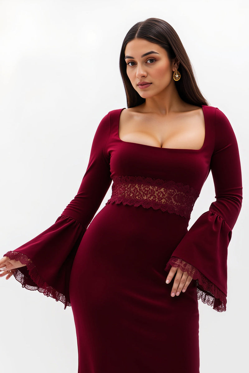Load image into Gallery viewer, Burgundy Square Neck Flare Sleeves Tea Length Formal Dress