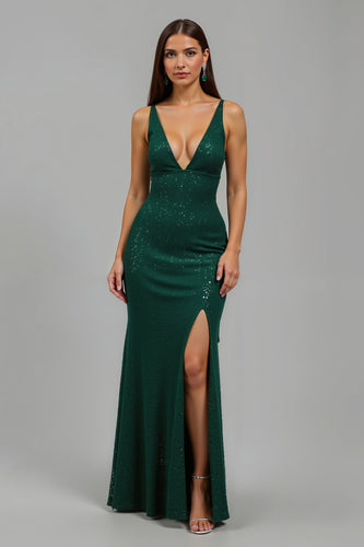 Sparkly Dark Green Deep V-Neck Sequin Long Formal Dress with Slit