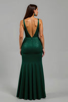 Load image into Gallery viewer, Sparkly Dark Green Deep V-Neck Sequin Long Formal Dress with Slit