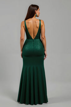 Sparkly Dark Green Deep V-Neck Sequin Long Formal Dress with Slit