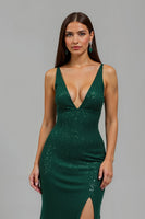 Load image into Gallery viewer, Sparkly Dark Green Deep V-Neck Sequin Long Formal Dress with Slit