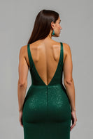Load image into Gallery viewer, Sparkly Dark Green Deep V-Neck Sequin Long Formal Dress with Slit