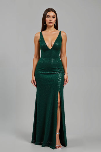 Sparkly Dark Green Deep V-Neck Sequin Long Formal Dress with Slit