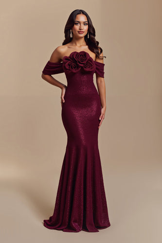 Sparkly Burgundy Off the Shoulder Sequin Mermaid Long Formal Dress