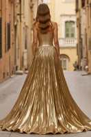Load image into Gallery viewer, Golden Metallic Pleated A-Line Long Formal Dress with Slit