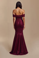 Load image into Gallery viewer, Sparkly Burgundy Off the Shoulder Sequin Mermaid Long Formal Dress