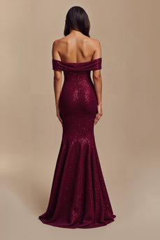 Sparkly Burgundy Off the Shoulder Sequin Mermaid Long Formal Dress