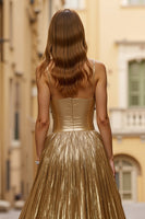 Load image into Gallery viewer, Golden Metallic Pleated A-Line Long Formal Dress with Slit
