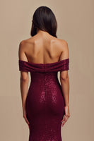 Load image into Gallery viewer, Sparkly Burgundy Off the Shoulder Sequin Mermaid Long Formal Dress